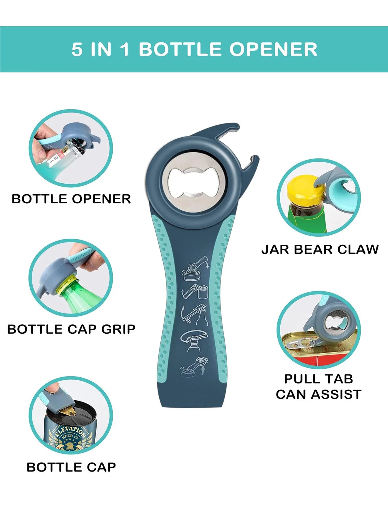 5 in 1 Bottle Opener Lid Opener for Arthritic Hands with Non Slip Rubber Jar Opener Gripper Pad, Jar Opener for Weak Hands